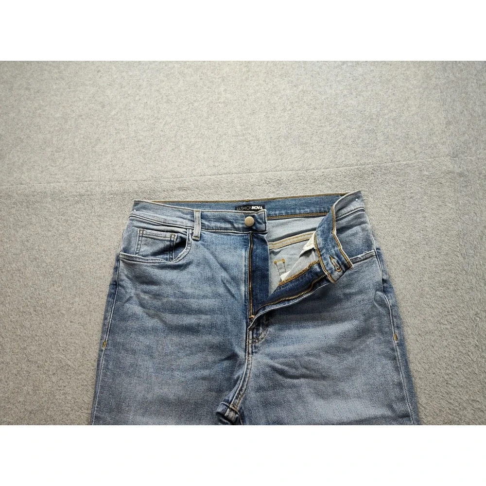 Fashion Nova Women Jeans 13 Blue 5 Pocket Side Slit High Rise Straight Leg Denim